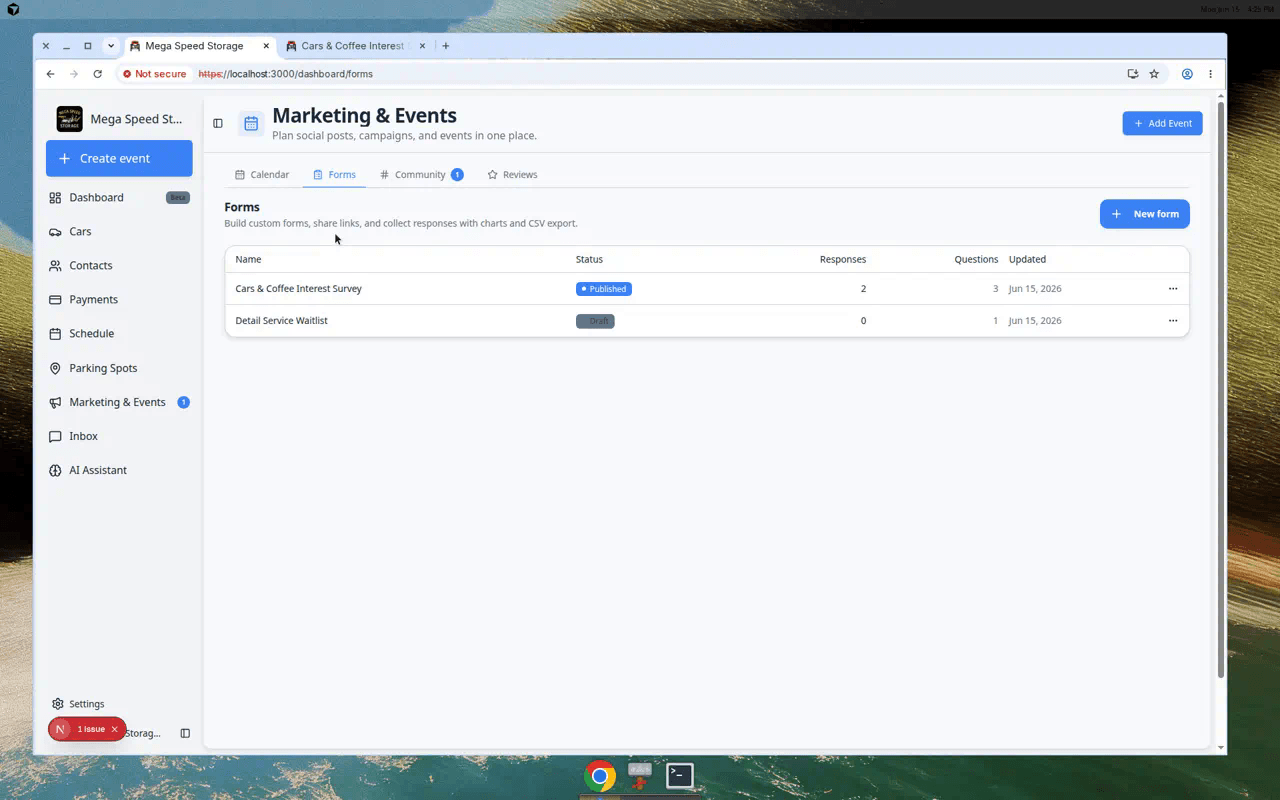 Marketing and Events page with the Forms tab selected showing a list of custom forms with status badges