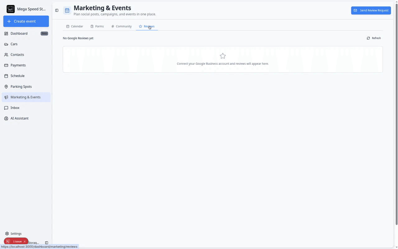 Reviews page showing review summary cards and a Send Review Request button