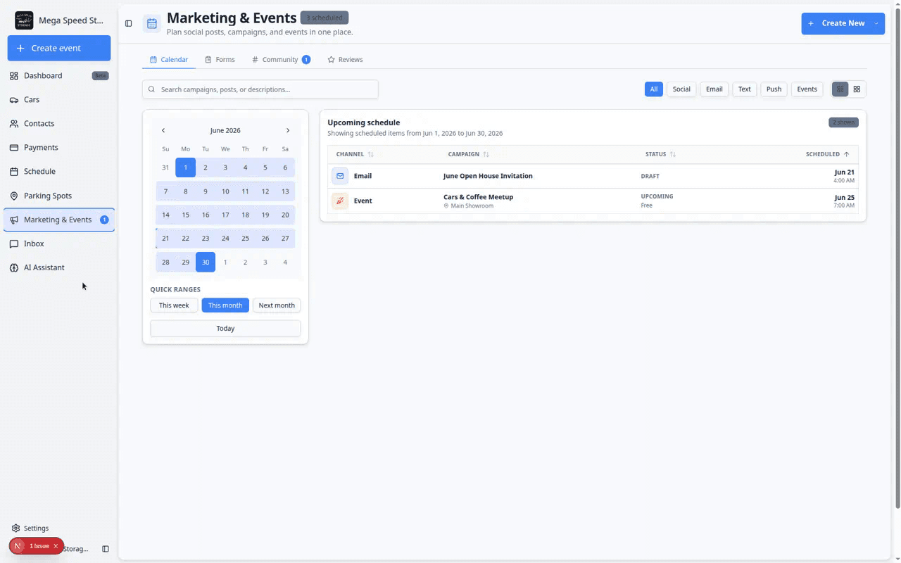 Marketing and Events page showing Calendar, Forms, Community, and Reviews tabs across the top of the page