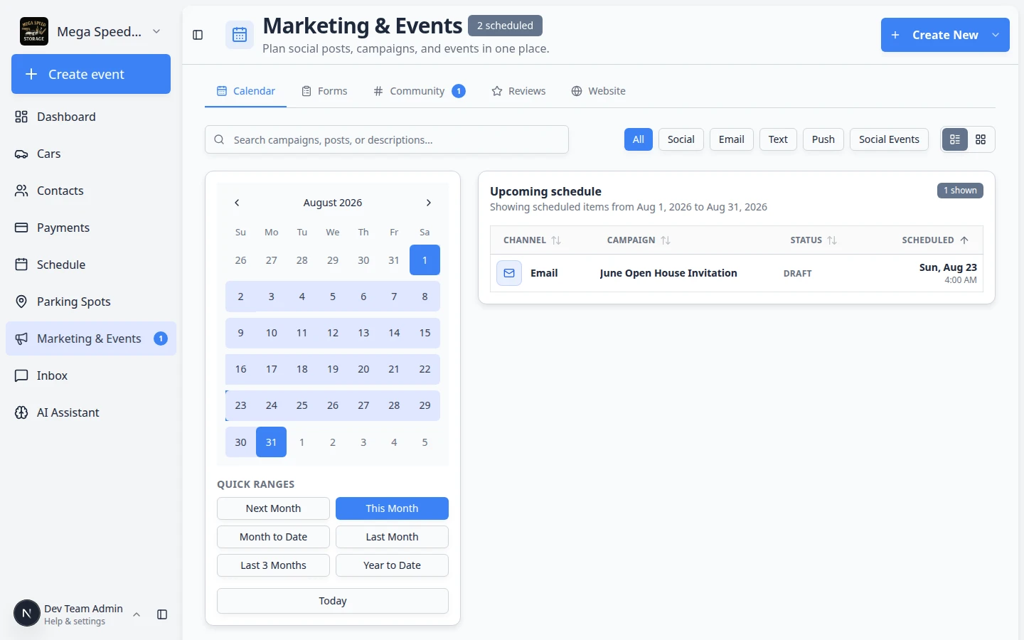 Marketing and Events page showing Calendar, Forms, Community, Reviews, and Website tabs across the top of the page