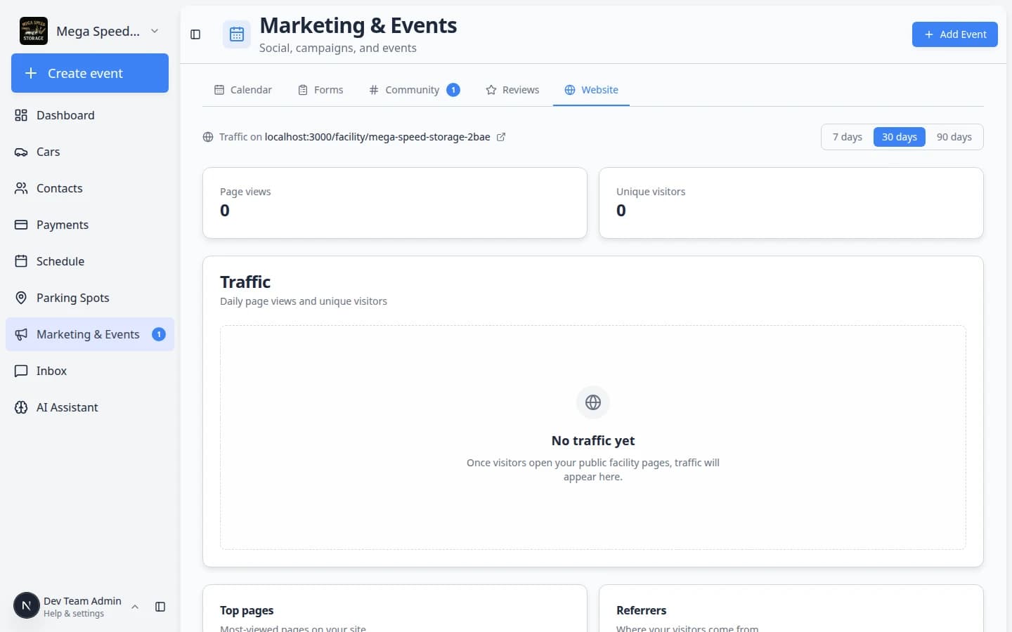 Website analytics dashboard showing page views, visitors, a traffic chart, and lists of top pages and devices