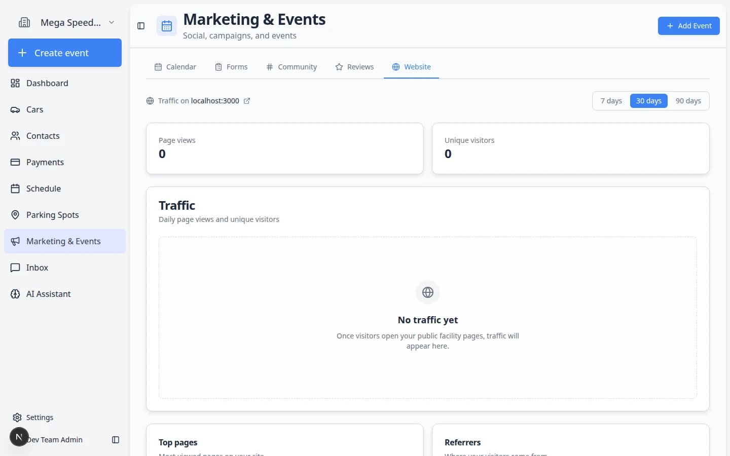Google Analytics setup card on the Website tab with a measurement ID field and Save button