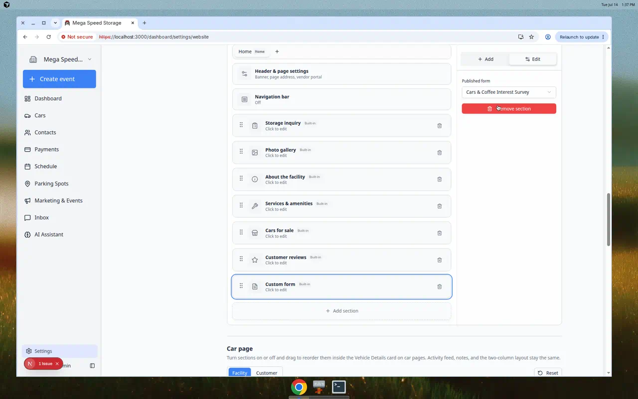 Page editor showing Custom form section selected with Published form dropdown choosing Cars and Coffee Interest Survey