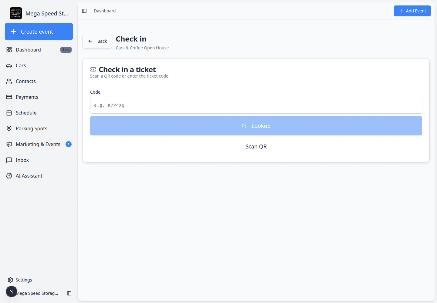 Manual ticket code entry on the check-in page showing a Code field and Lookup button