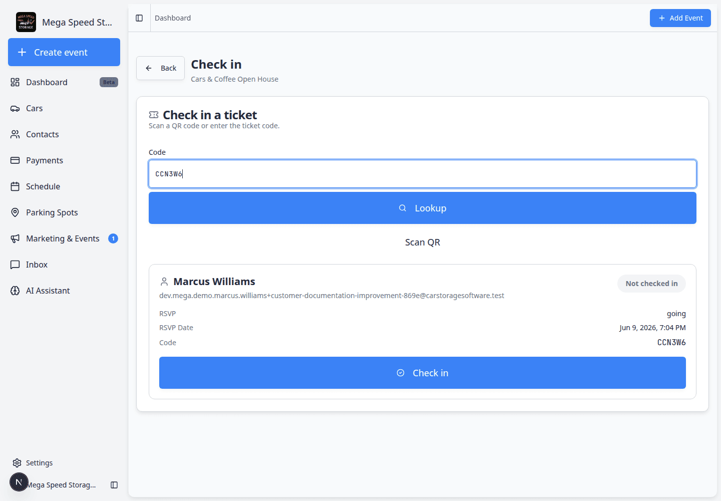 Check-in screen showing Marcus Williams ticket details with Not checked in badge and a blue Check in button