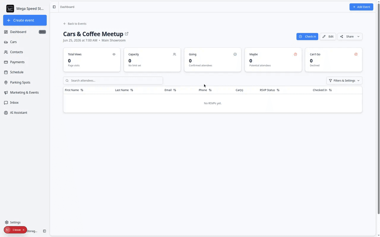 Social event detail page showing Total Views, Capacity, Going, Maybe, and Can't Go summary cards, plus Check in, Edit, and Share buttons