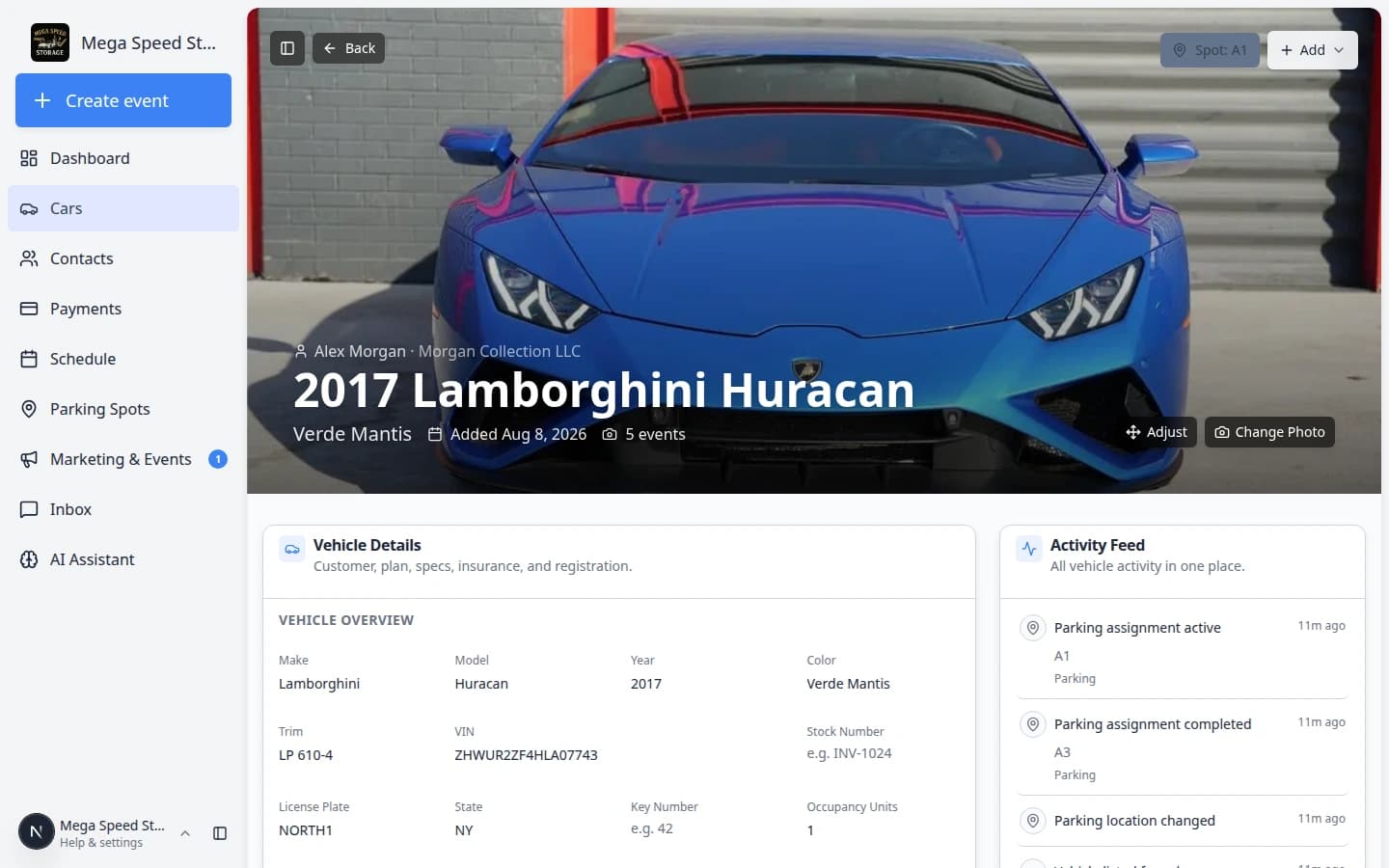 Car detail page showing the parking location control near the top with the current spot name