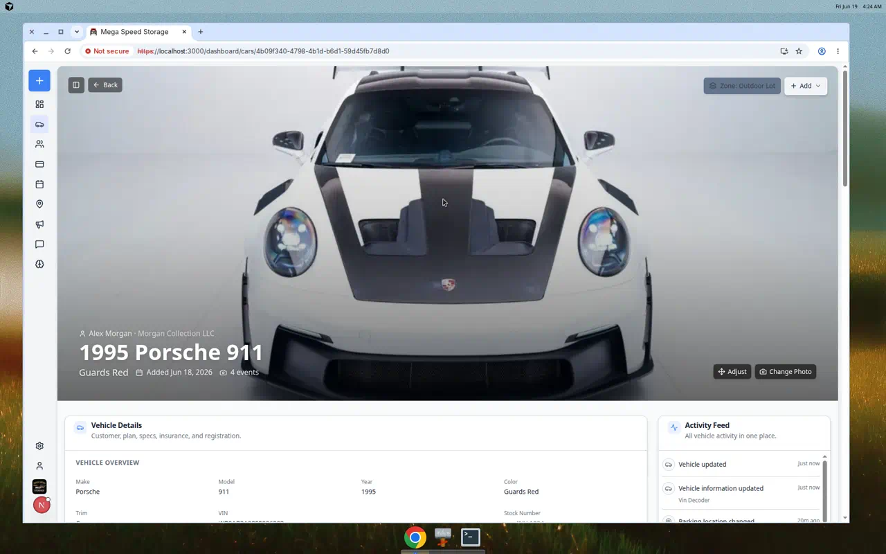 Car detail page for a Porsche showing Zone Outdoor Lot on the parking location button near the top of the page