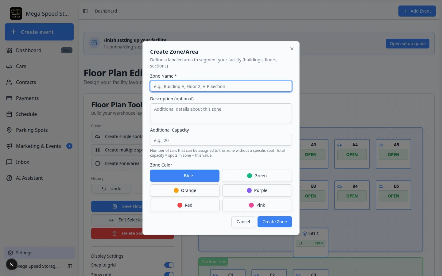 Create Zone or Area dialog with fields for zone name, description, additional capacity, and a color picker