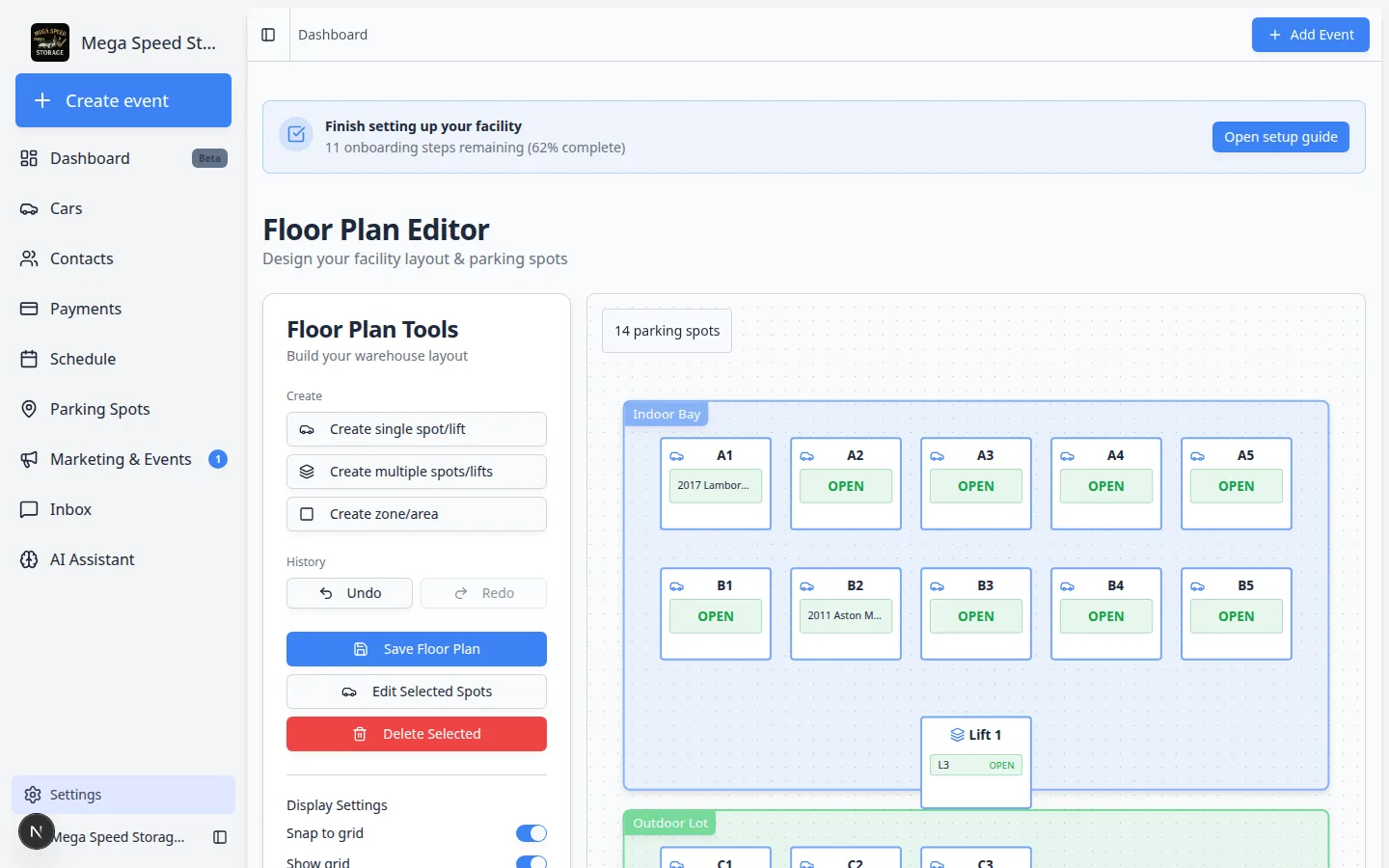 Floor Plan Editor showing the Floor Plan Tools panel and a facility map with labeled spots and a Main Storage zone