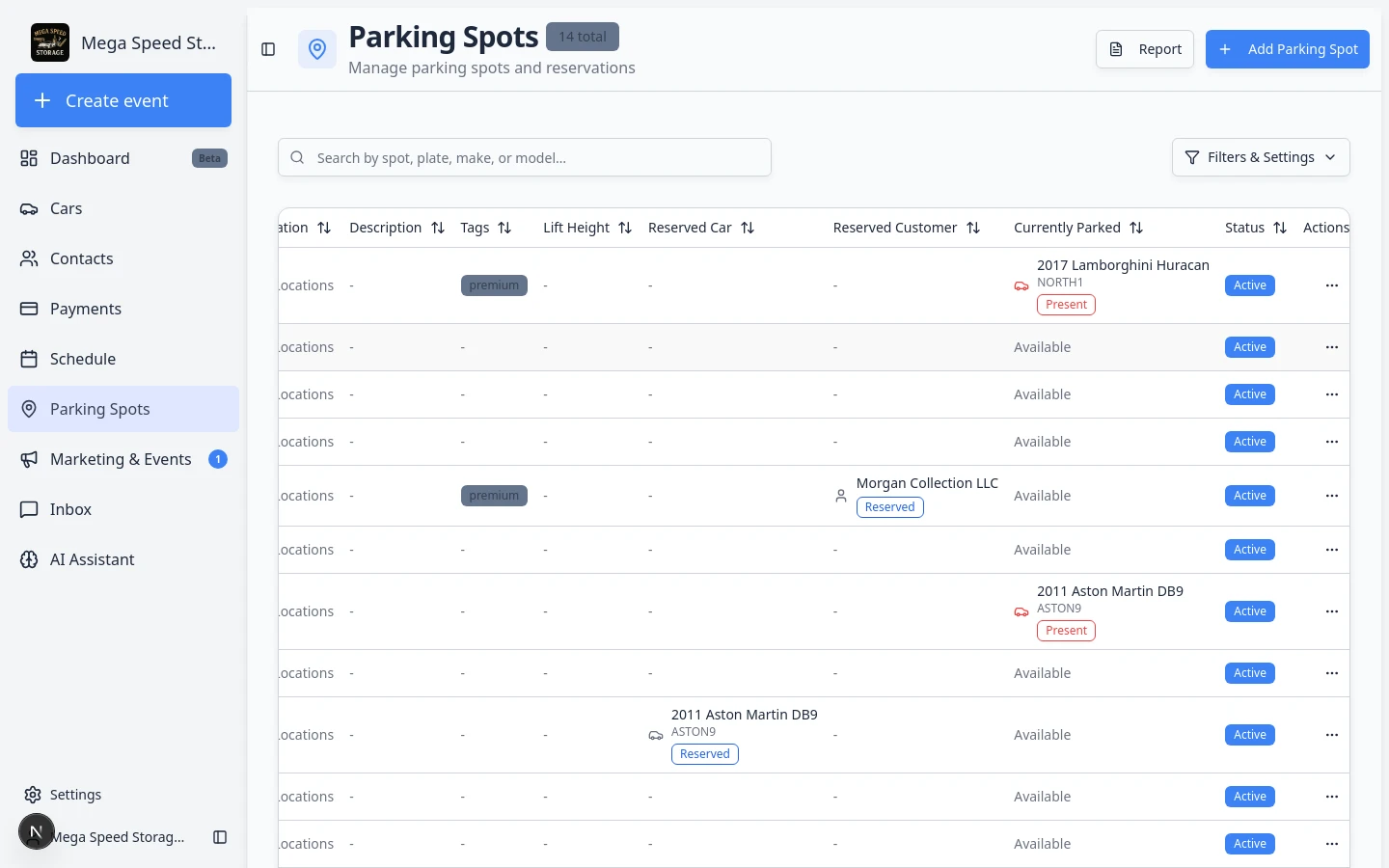 Move Vehicle dialog showing the current car and a search field to pick a new parking spot or zone