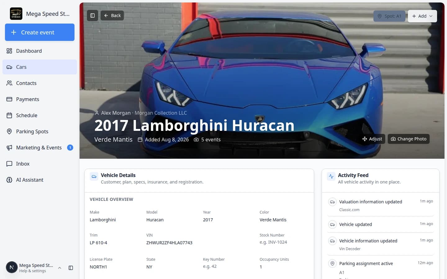 Move Vehicle dialog showing vendor options in the Select spot zone or vendor search list