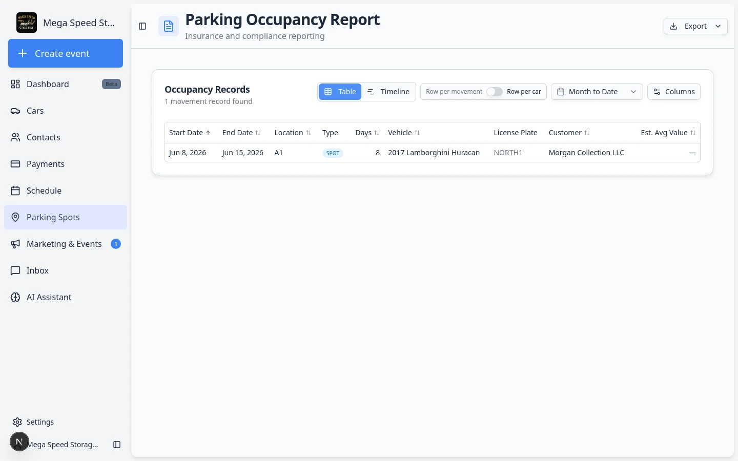 Parking Occupancy Report grouped with one row per car summarizing parking activity in the selected date range