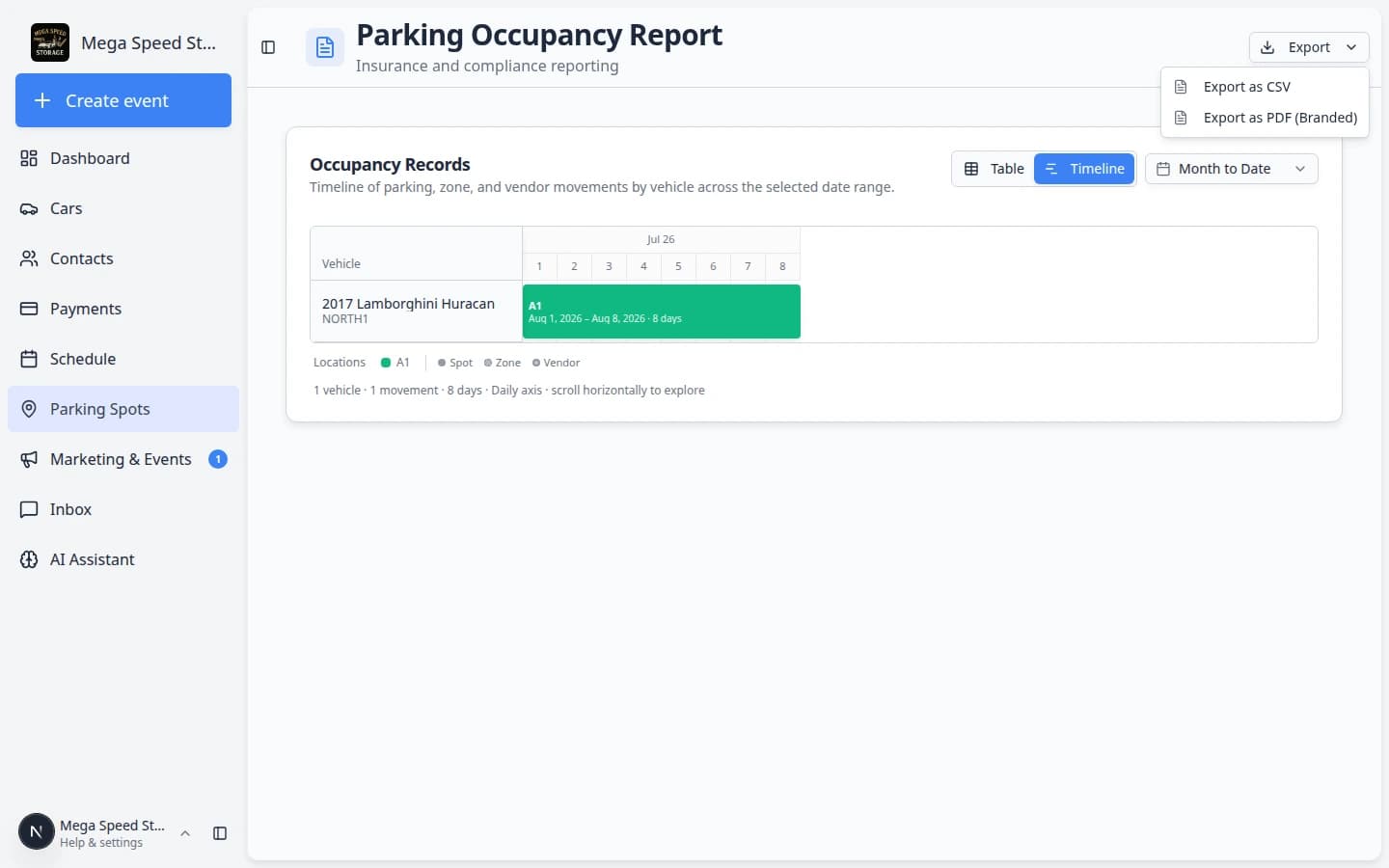 Parking Occupancy Report table showing a row with Type Vendor and location Elite Transport Co.