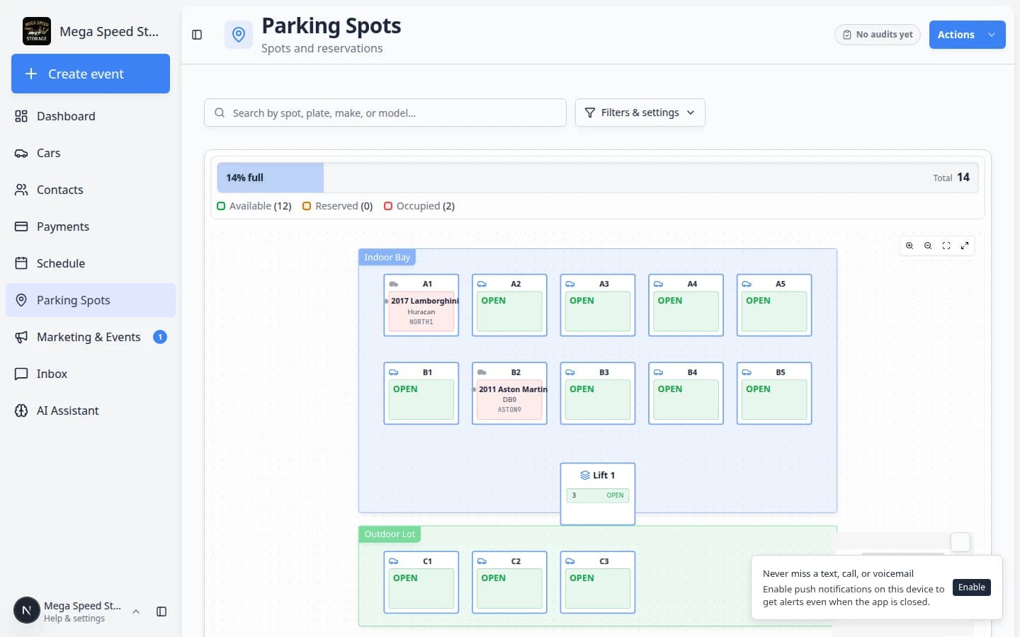Parking Spots map showing occupied and available spots after a vehicle was assigned during a Schedule workflow