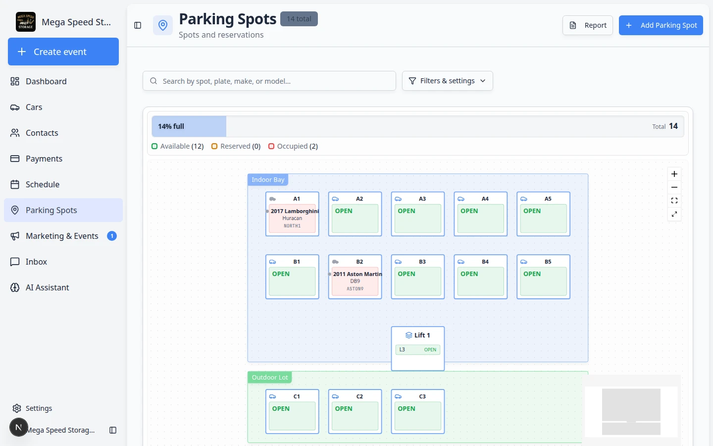Parking Spots map showing Indoor Bay and Outdoor Lot zones with numbered spots and a legend for Available, Reserved, and Occupied counts