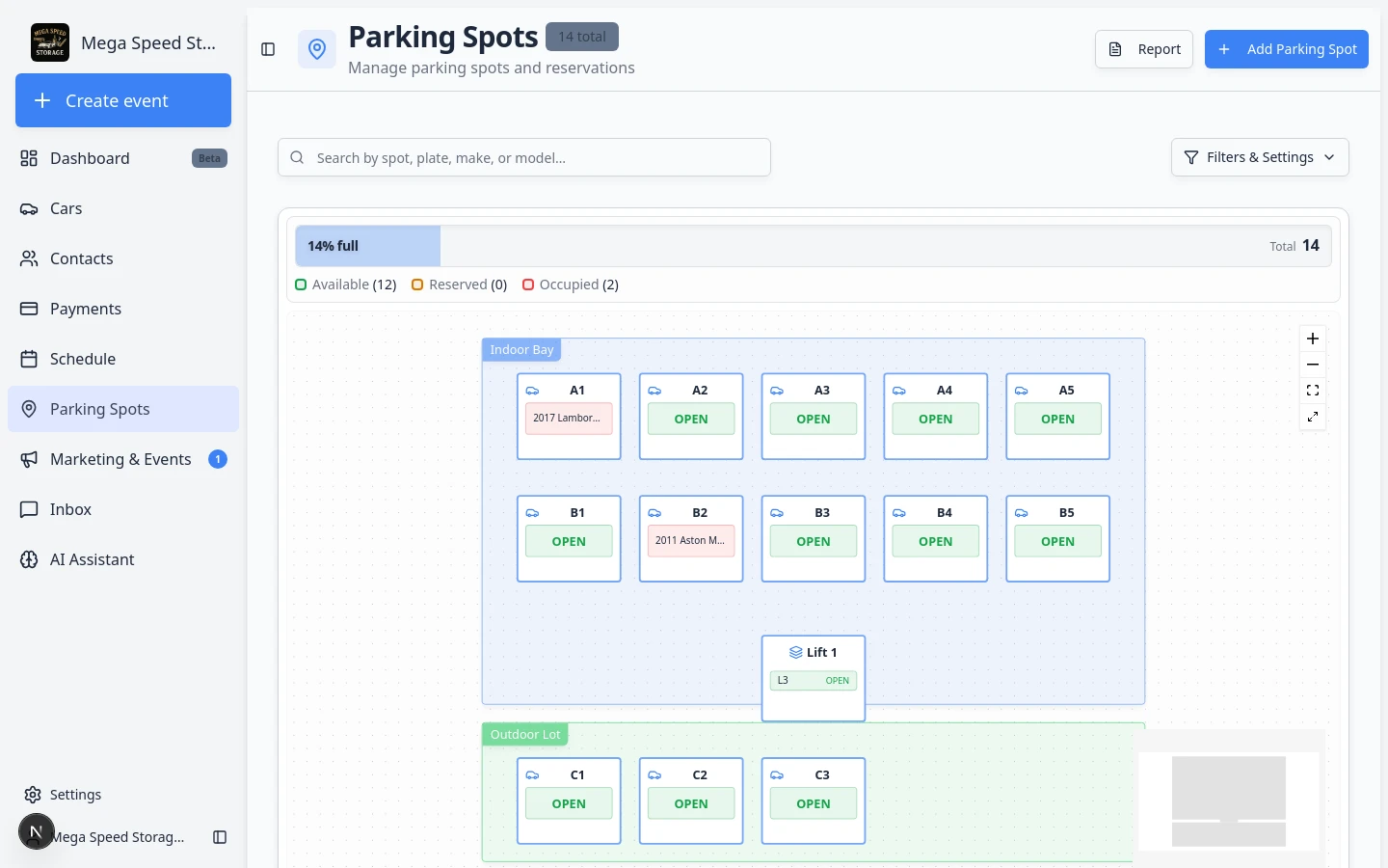 Parking Spots map showing Indoor Bay and Outdoor Lot zones with numbered spots and a legend for Available, Reserved, and Occupied counts