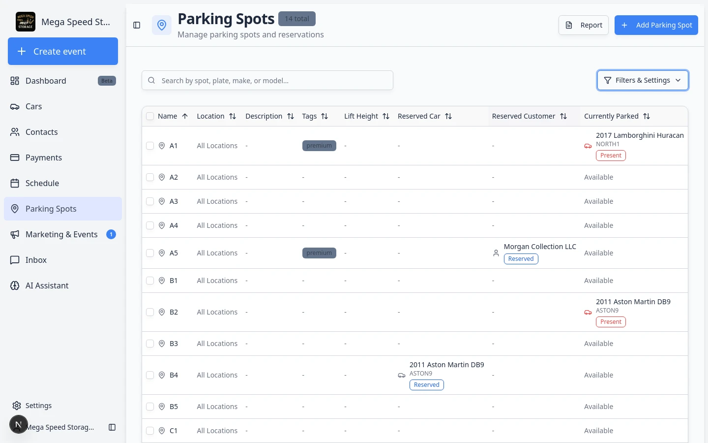 Parking Spots table showing Currently Parked column with Available, Reserved, and Present values