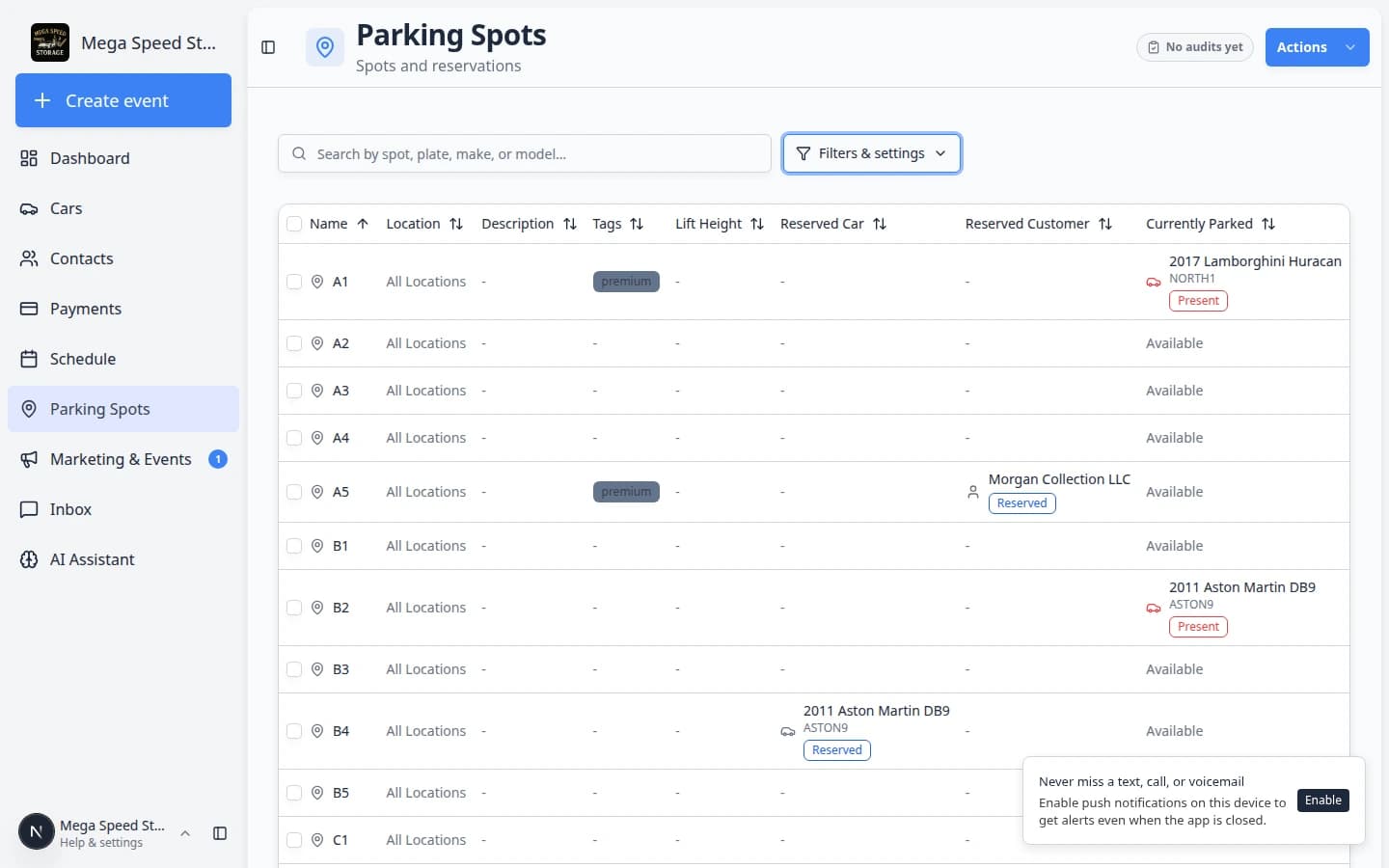 Parking Spots table highlighting Currently Parked badges for Present and Reserved cars and Active status badges in the Status column