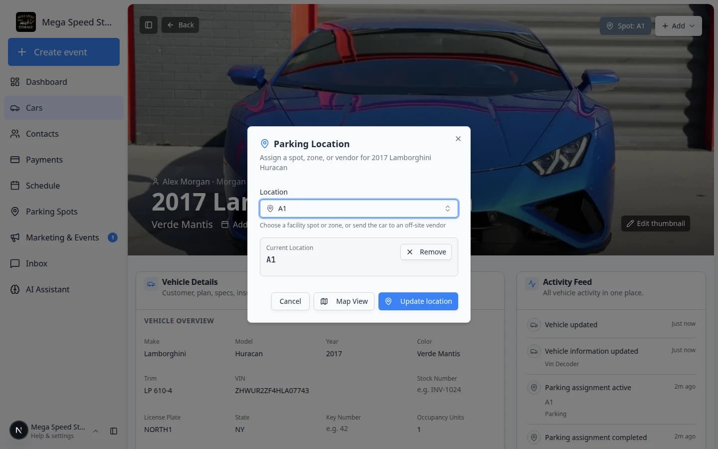 Move location dialog on a car record showing a search field with Vendors section listing Elite Transport Co.