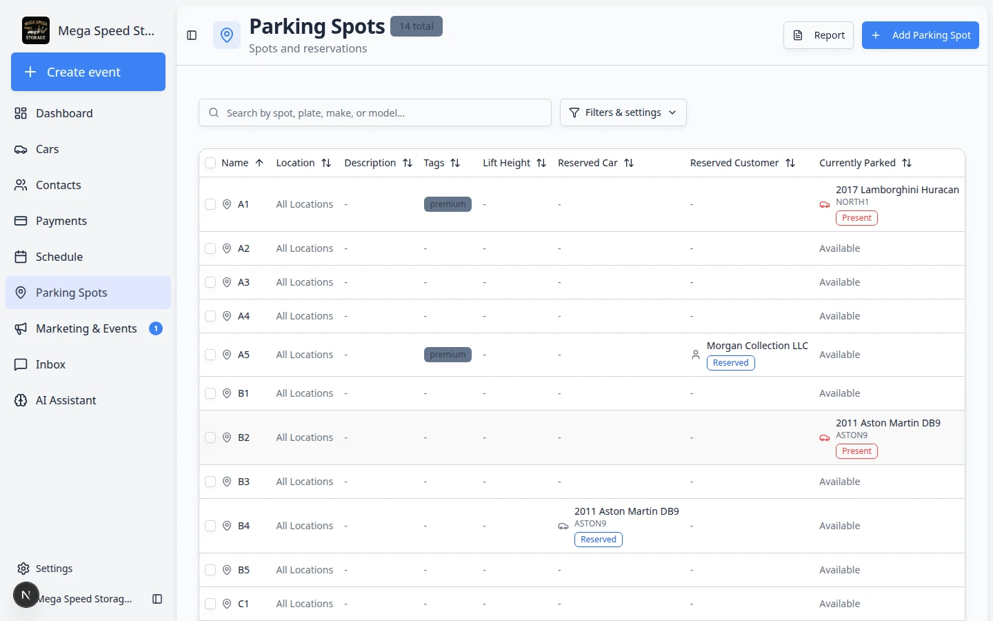Parking spot dialog for A1 showing Move Car button and destination picker to move the vehicle to another spot or zone