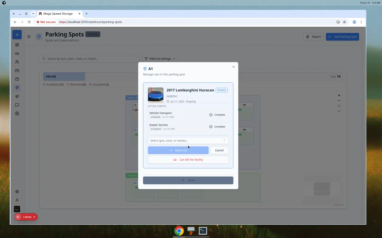 Parking spot dialog for A1 showing Move Car button and destination picker to move the vehicle to another spot or zone