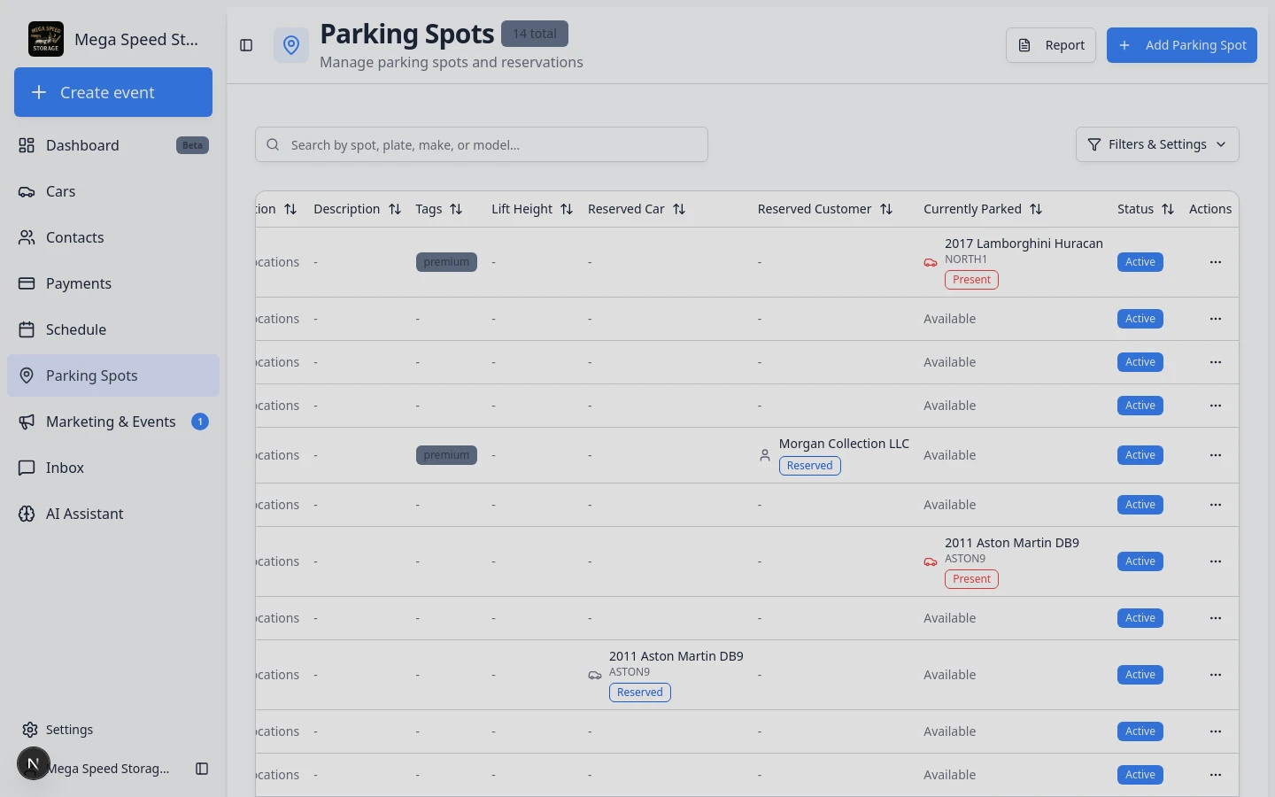 Reserve Parking Spot dialog with options to reserve for a car or customer and search fields to pick the right record