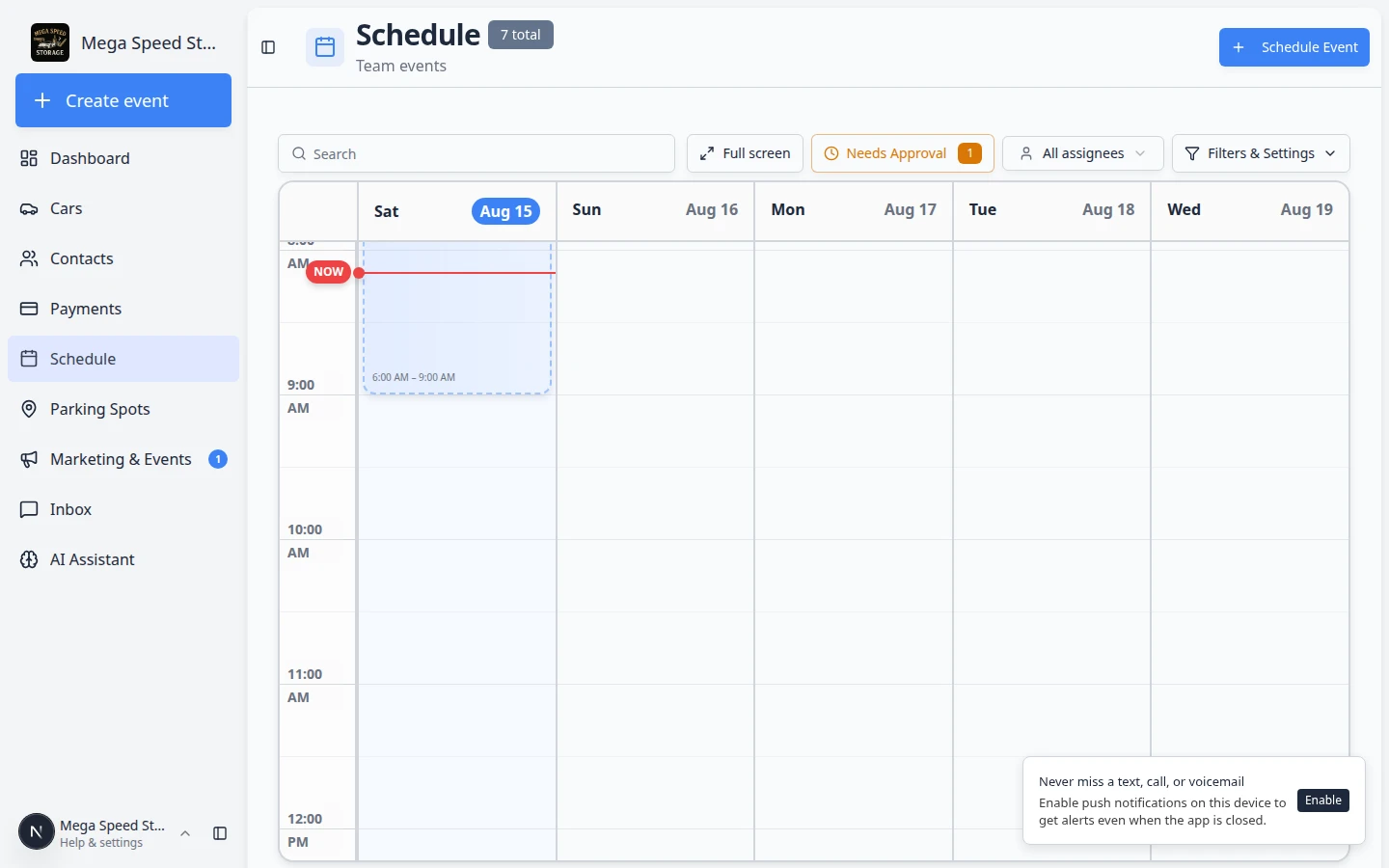 Schedule page with a Vehicle Drop Off appointment selected in the right detail panel showing customer, vehicle, and Open Event button