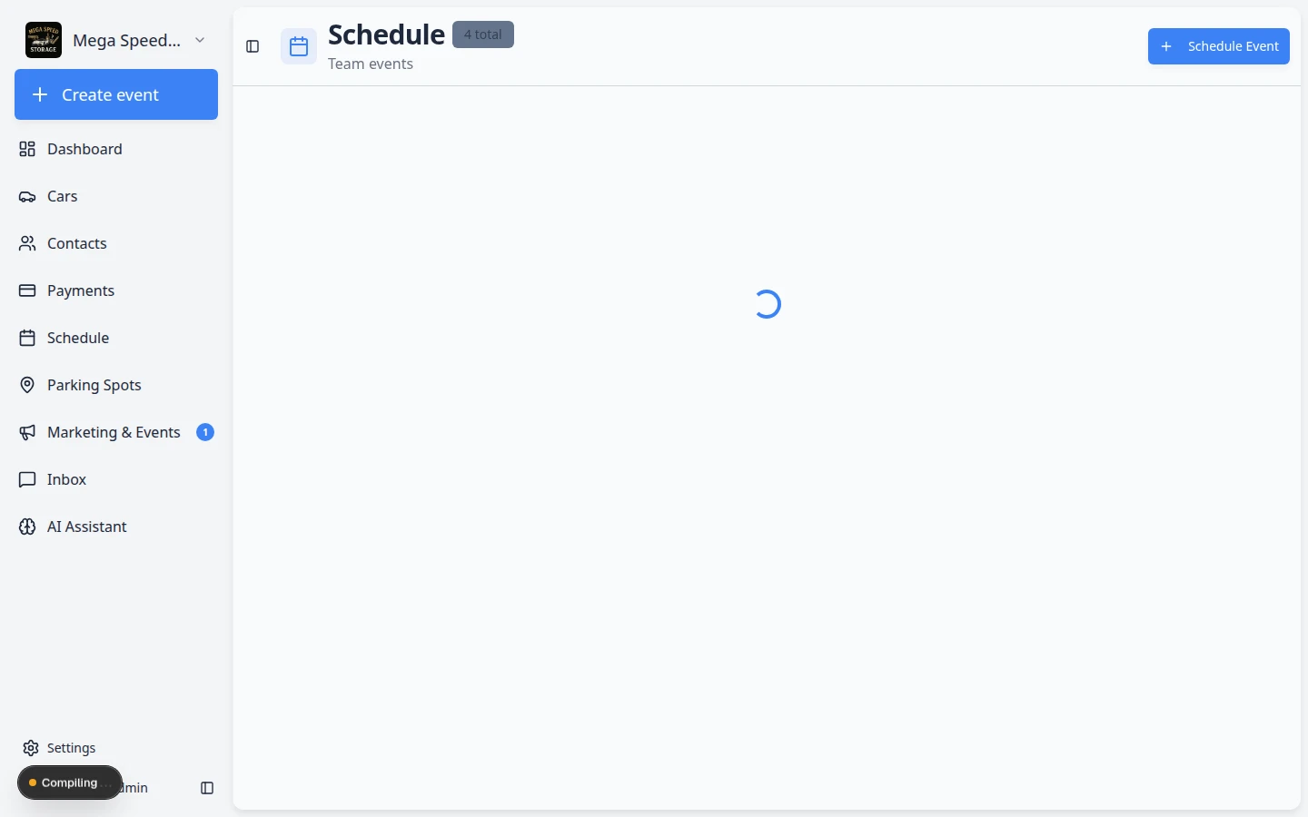 Event workflow page with a parking assignment step showing available spots and zones to select