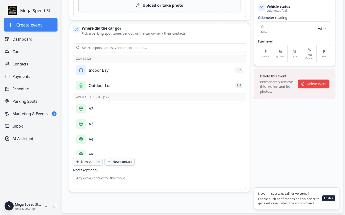 Event workflow showing the parking destination picker with a list of available spots and zones such as A2, A3, Indoor Bay, and Outdoor Lot