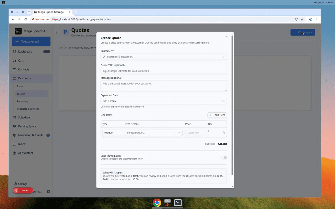 Create quote dialog showing customer selection, quote header, description, expiration date, line items, and total