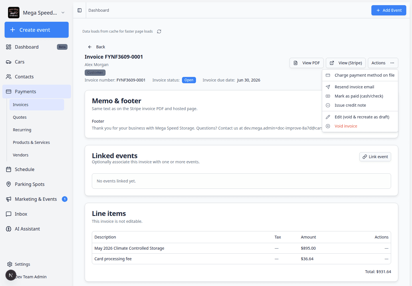 Actions dropdown on an open invoice showing Resend invoice email, Charge payment method on file, and Mark as paid options