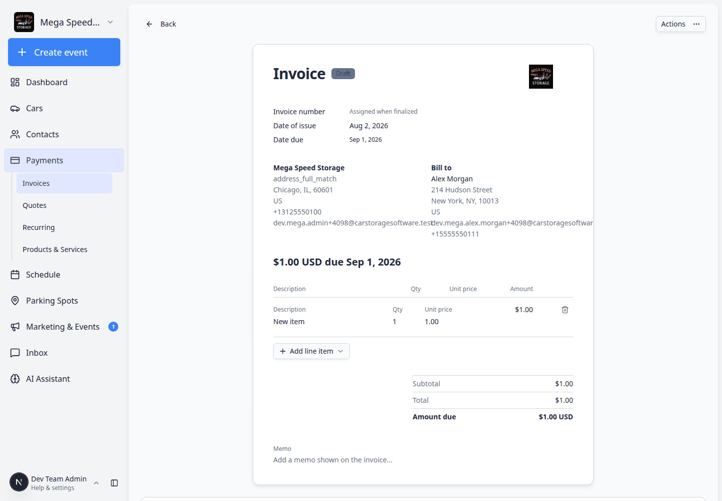 Draft customer invoice detail page showing Draft status and Finalize invoice button