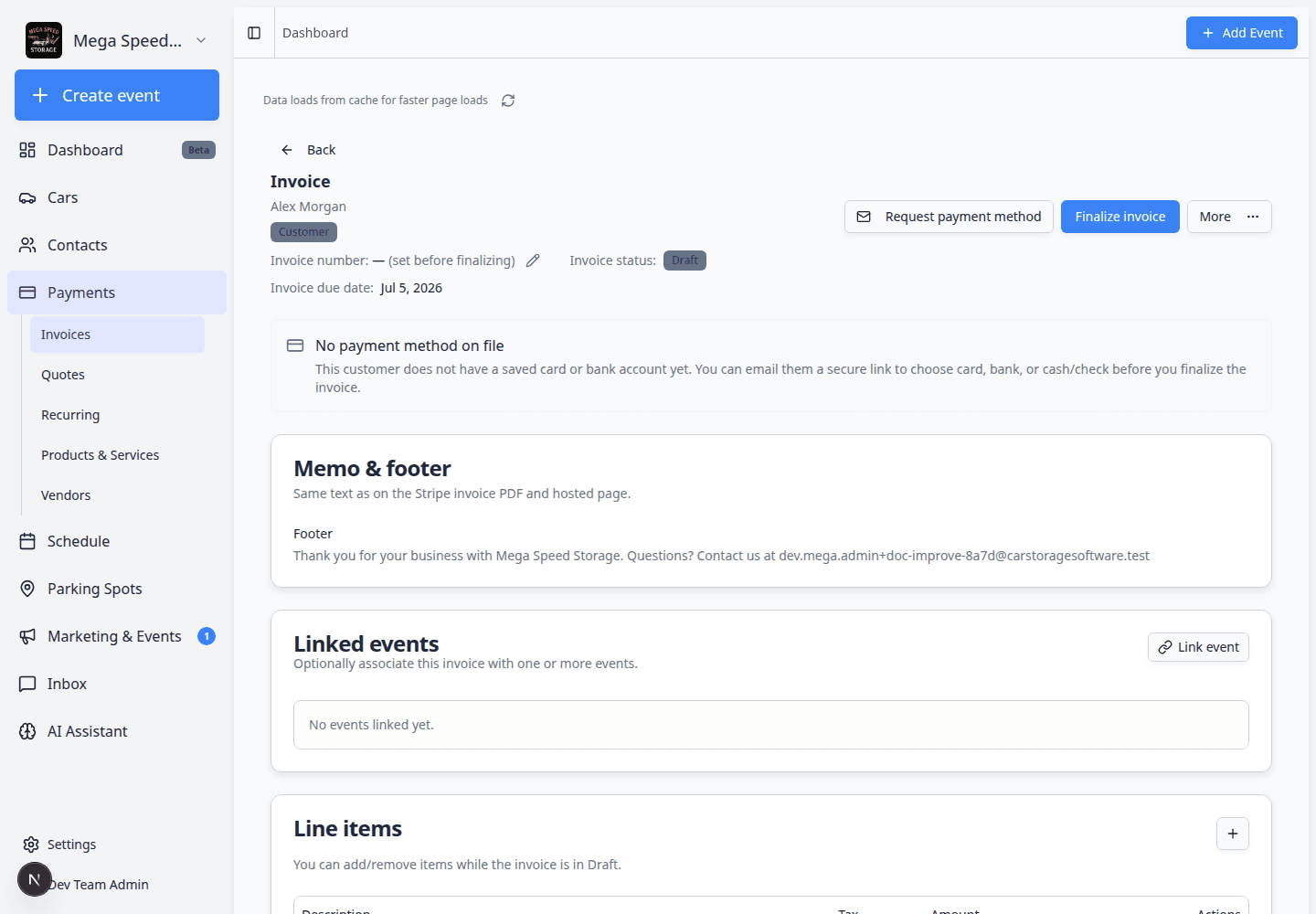 Draft customer invoice detail page showing Draft status, line items, totals, and Finalize invoice button