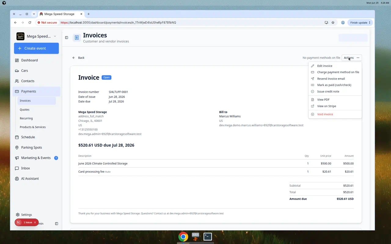 Actions menu on an open customer invoice showing Resend invoice email, Mark as paid, Issue credit note, and Void invoice options