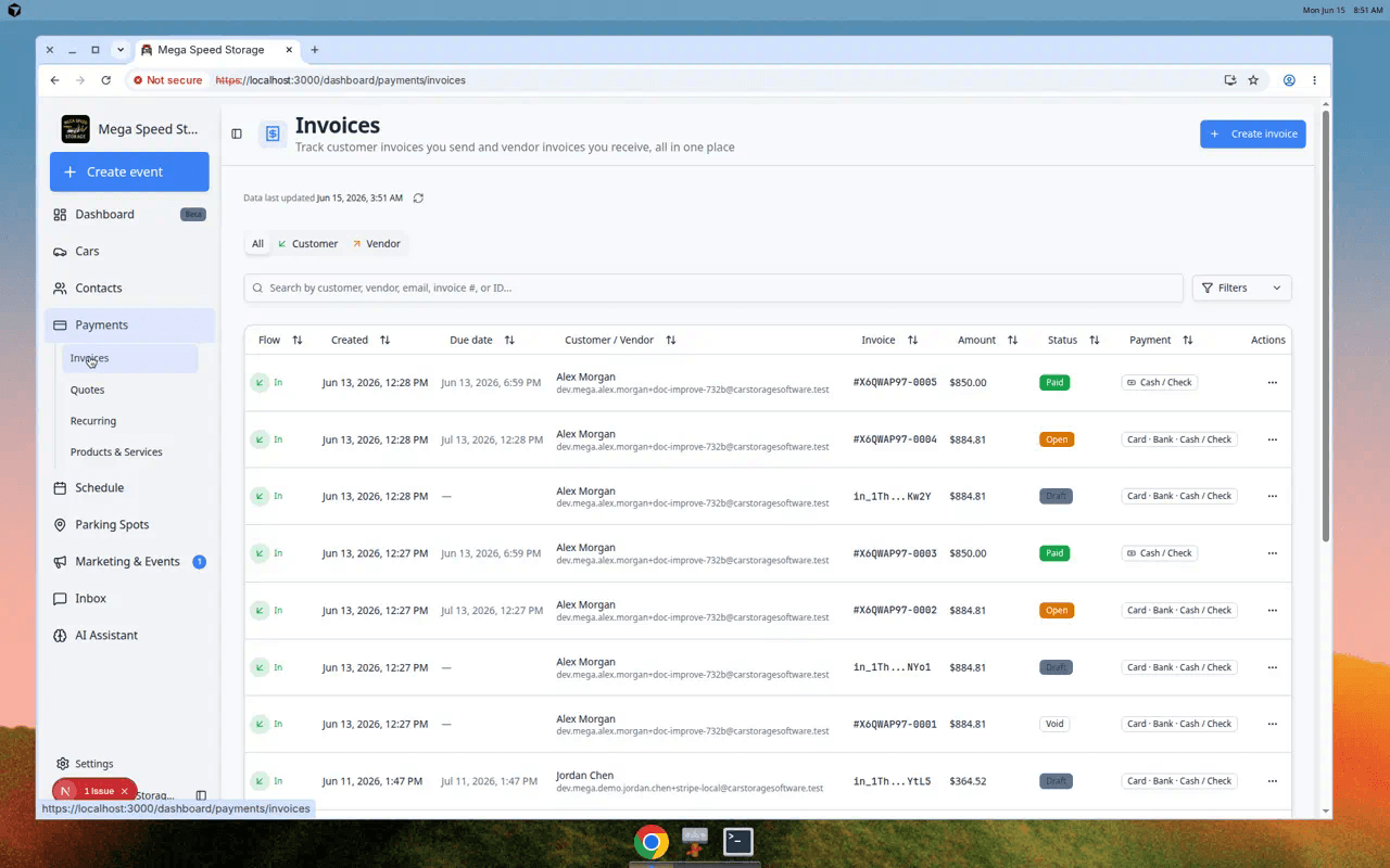 Invoices Customer tab showing multiple invoices with Paid, Open, Draft, and Void status badges for different customers