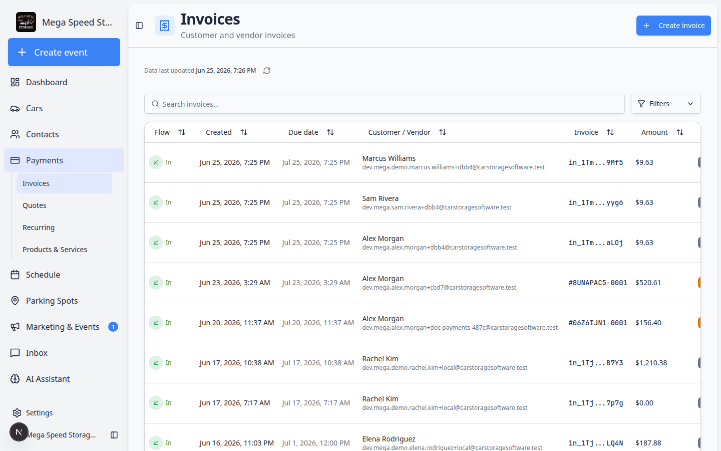 Invoices page with Report button near Create invoice, Customer tab, and invoice table