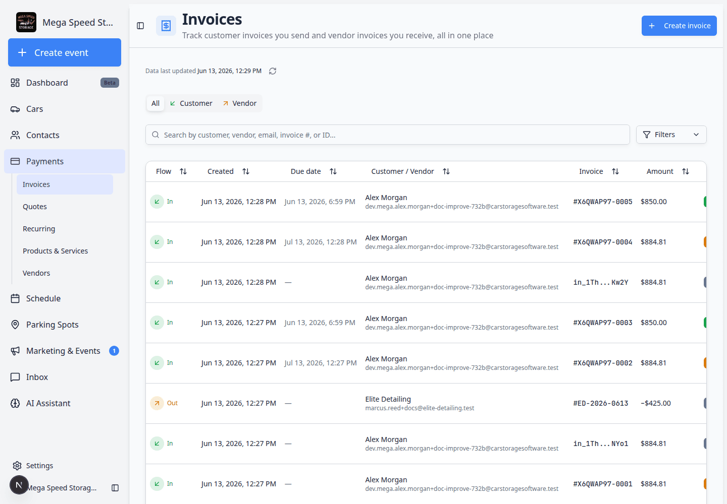 Invoices page with Customer tab selected, showing invoice numbers, customer names, status badges, and amounts