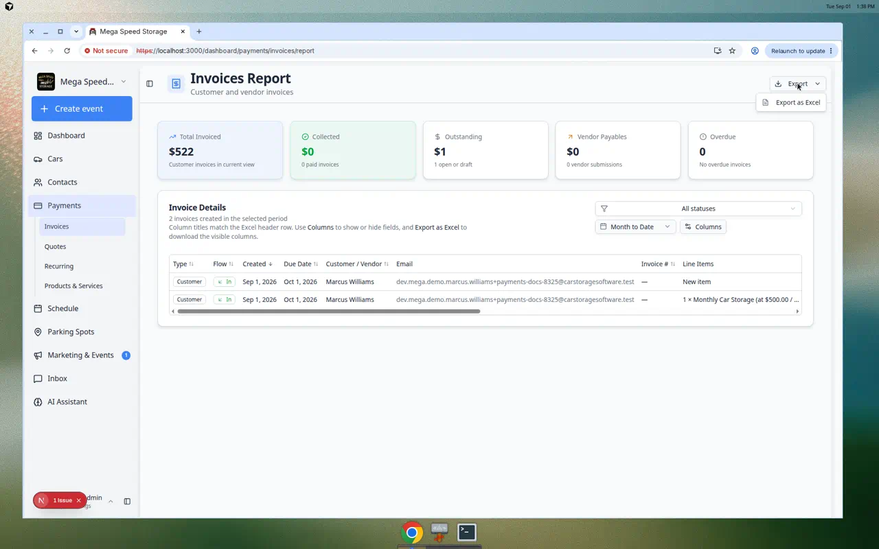 Invoices Report export menu