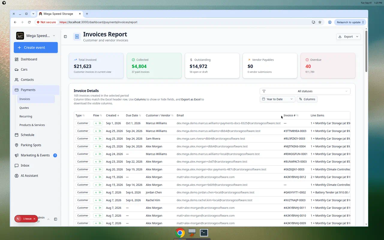 Invoices Report with summary cards and invoice table