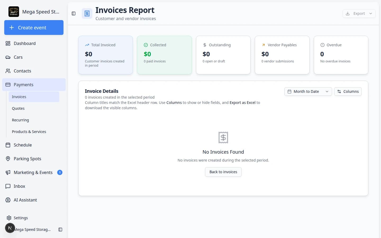 Invoices Report page showing date range picker, summary cards for Total Invoiced and Collected, and a table of invoice rows