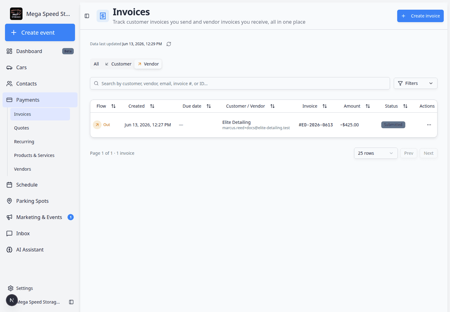 Invoices page with Vendor selected, showing vendor invoice rows with invoice number, amount, status, and actions