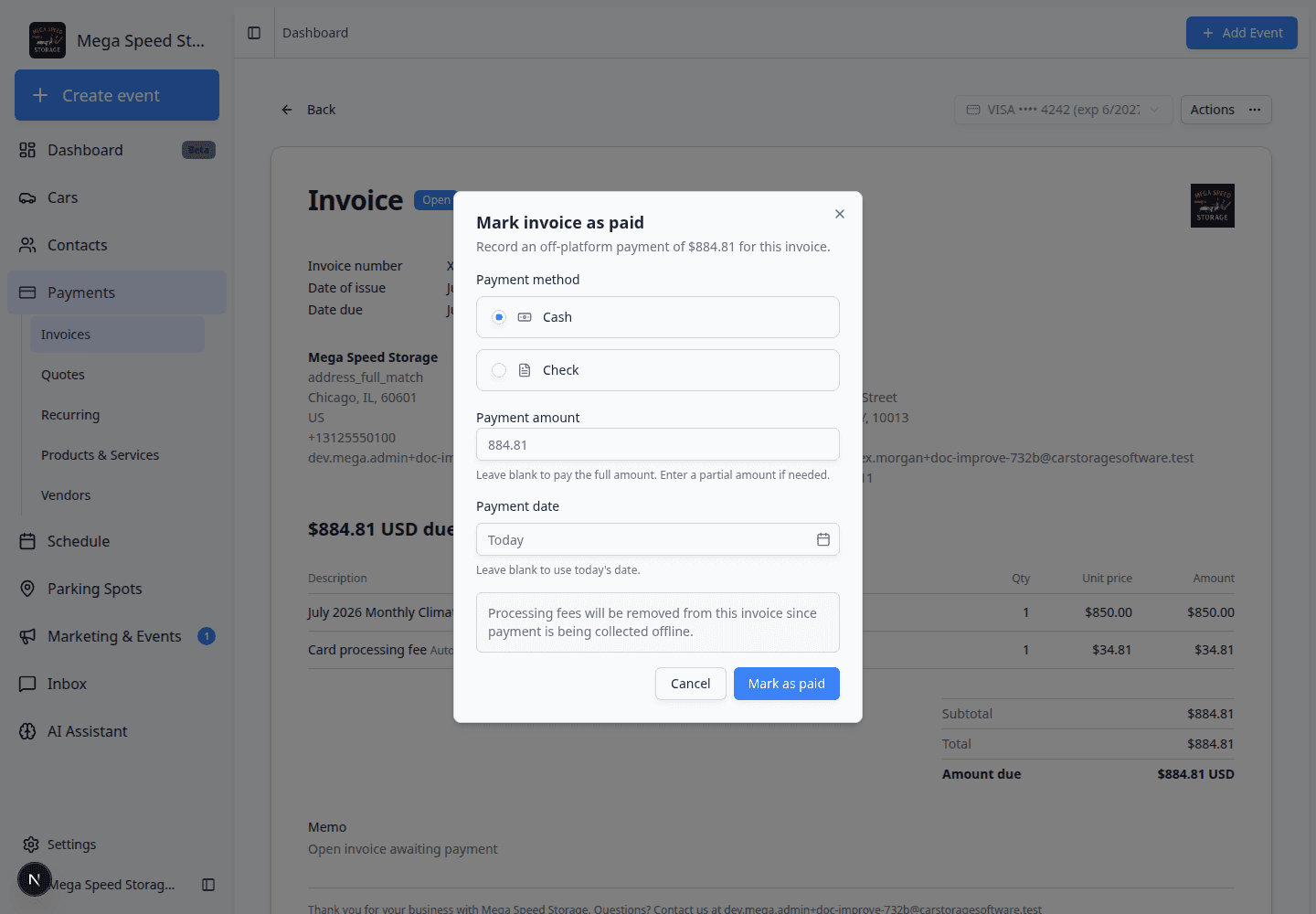 Mark invoice as paid dialog with Cash or Check options, amount field, payment date, and check number field