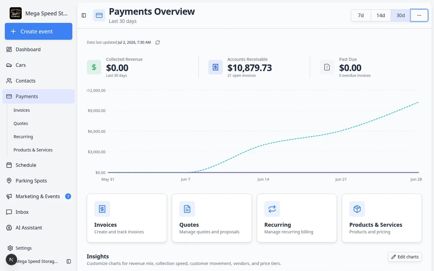Payments Overview revenue chart with Revenue, Accounts Receivable, and Past Due lines