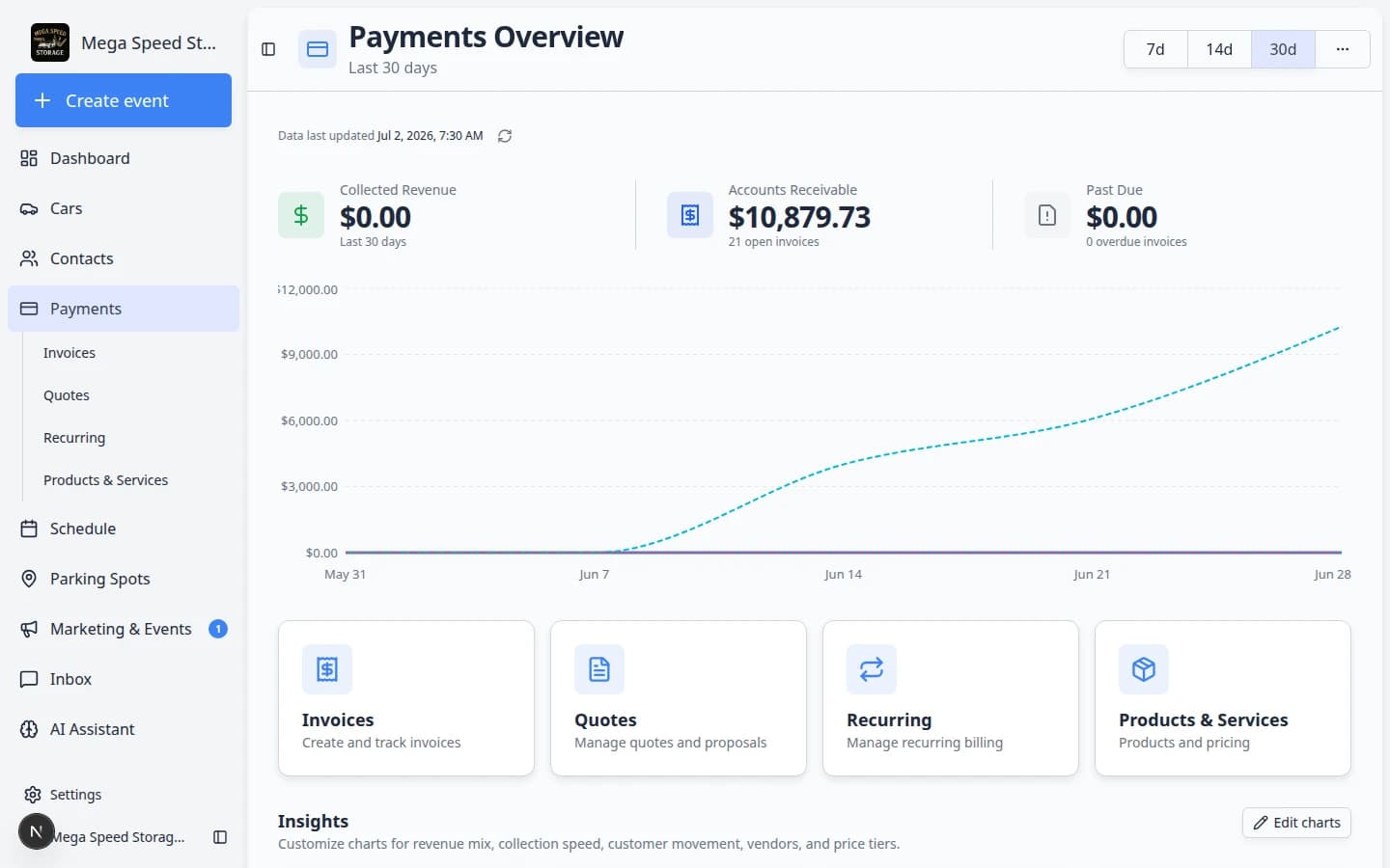 Payments Overview page showing Collected Revenue, Accounts Receivable, and Past Due summary cards