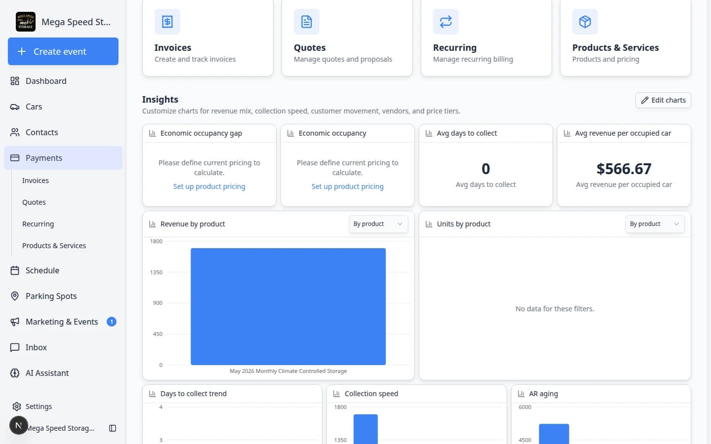 Payments Overview quick navigation cards for Invoices, Quotes, Recurring, and Products and Services