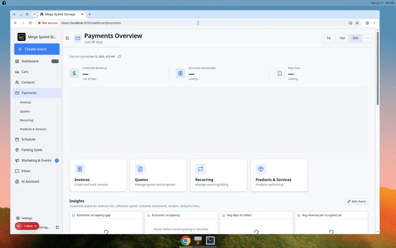 Payments overview page showing revenue summary cards and shortcuts to Invoices, Quotes, Recurring, Products and Services, and Vendors