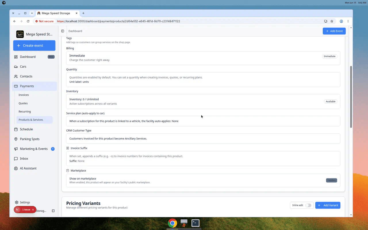 Product detail page showing Product Details and Pricing Variants sections with an Add Variant button