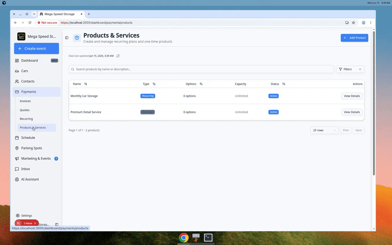Products and Services page showing products with type, price, status, and available actions