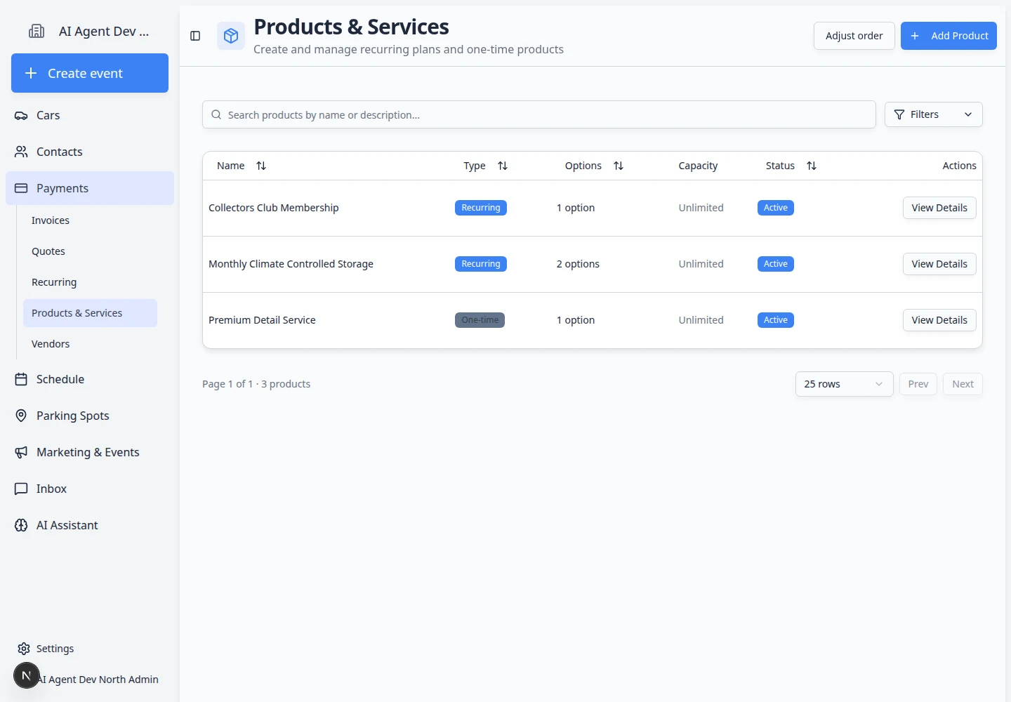 Products and Services page showing products with type, price, status, and available actions